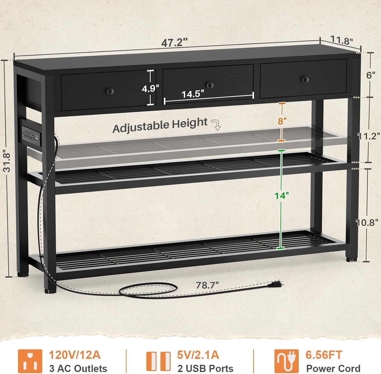Ecopriso 47'' Entryway Table with Outlets and USB Ports, Console Table with 3 Drawers, Sofa Table Narrow Long with Storage Shelves for Living Room, Couch, Hallway, Foyer, Kitchen Counter, Black