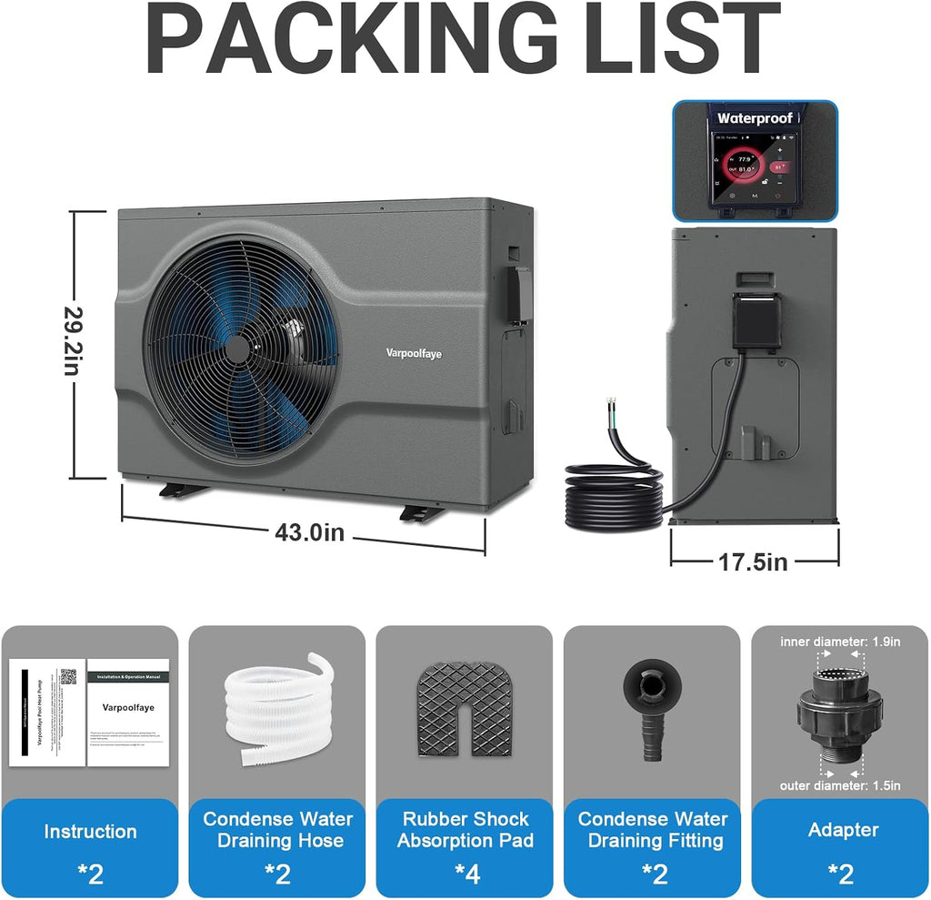 Inverter Electric Pool Heater for Inground Pool 120000 BTU Swimming Pool Heat Pump Above Ground Pool Heater 220V 33000 Gallon Heating or Cooling WiFi Control Schedule