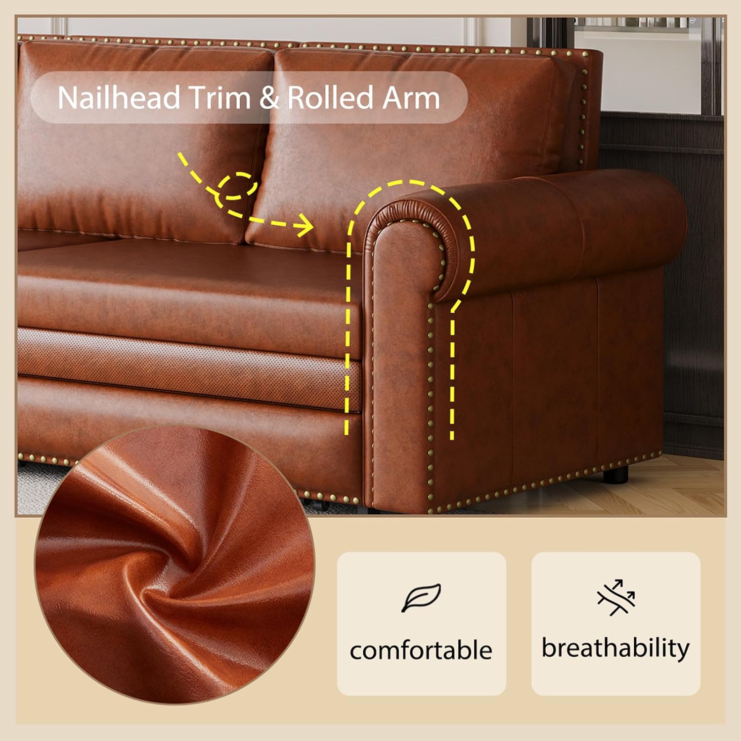 Faux Leather Sleeper Sofa Couch with Pullout Bed, 93.7' King Size Sleeper Sofa Bed, 3 in 1 Convertible Sofa Bed with Nailhead Trim & Rolled Arm for Living Room Bedroom Office (Light Brown)