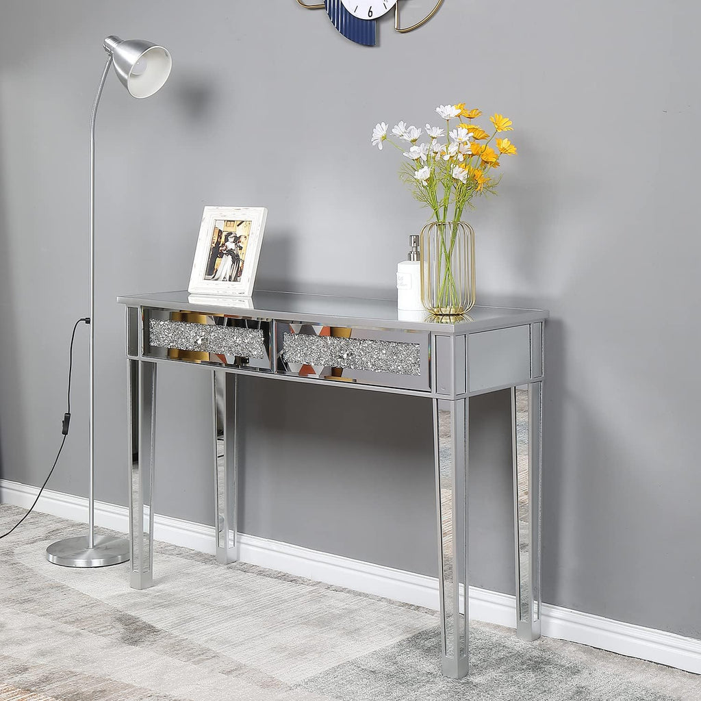 Karl home Mirrored Desk with 2 Drawers Silver Console Table Mirror Sofa Table with Crystal Inlay Front for Living Room, Entryway, Foyer, 42 Inch