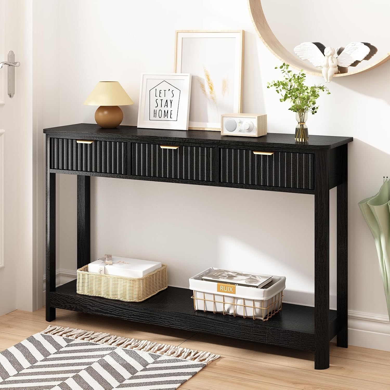 HOKYHOKY Fluted Console Table with Drawers, Modern 47.1' Entryway Table with Storage Shelf, Boho Narrow Skinny Behind Couch Wood Sofa Table for Living Room Hallway Entrance Foyer, Black