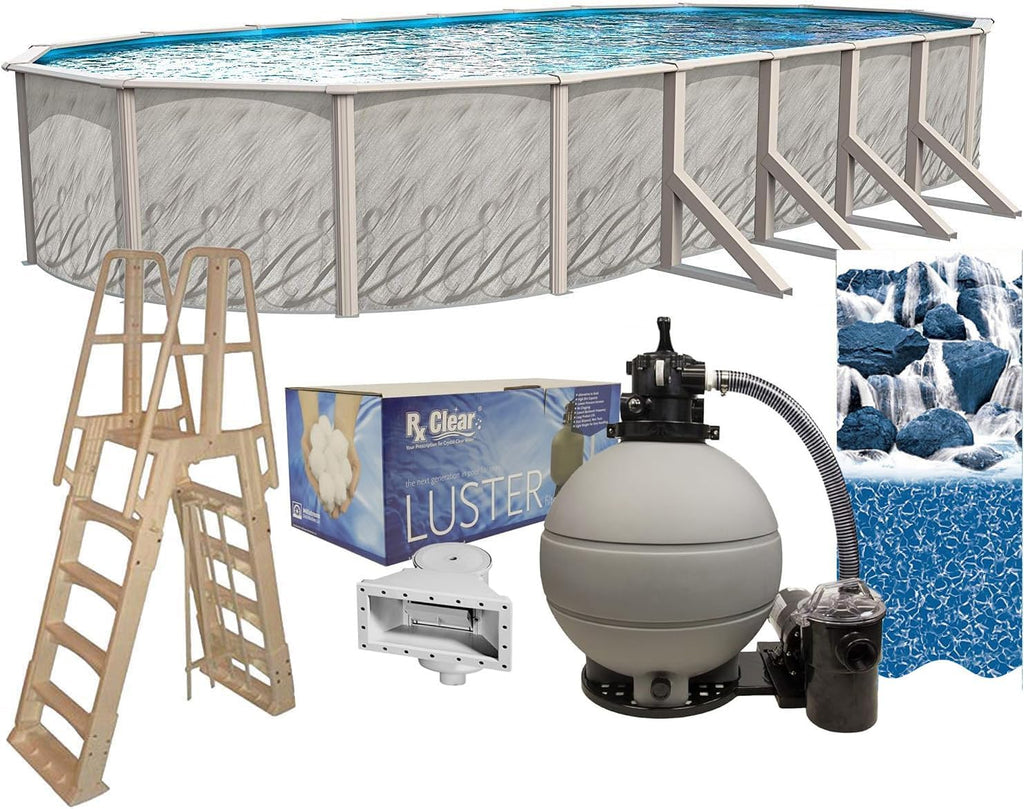 Lake Effect Pools 'Meadows Reprieve' 15 ft x 30 ft Oval Above Ground Swimming Pool Bundle | 52 Inch Steel Sided Walls | Kit Includes: 25 Gauge Liner, A-Frame Ladder, Sand Filter/Pump, & Skimmer