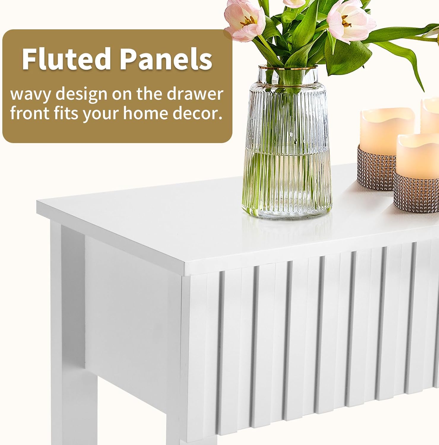 Karl home 51' White Console Table with 3 Fluted Drawers, Modern Sofa Table with Open Storage Shelf for Living Room, Foyer Hallway