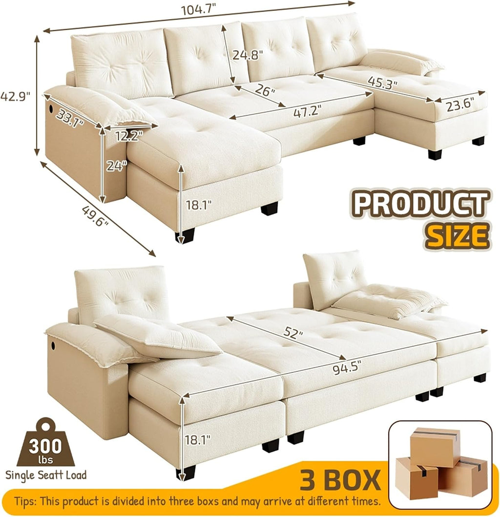 104.7' U-Shaped Sleeper Sofa with Pull Out Bed, 2 in 1 Convertible Couch Bed with Removable Armrests & USB Ports, Oversized Sectional Modular with Chaise Lounge for Living Room/Apartment