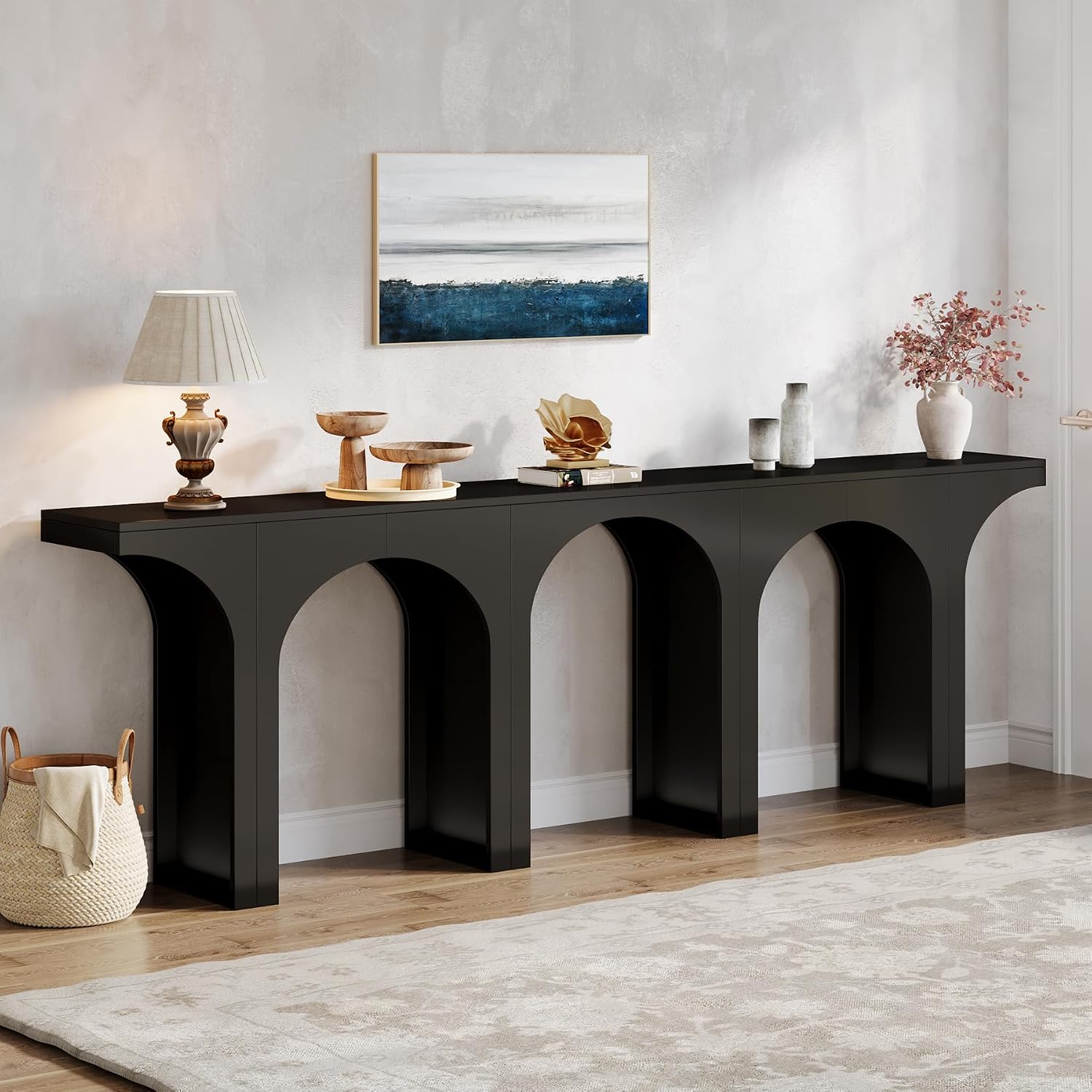Tribesigns Black Console Table, 94-Inch Entryway Console Table, Wood Sofa Table Behind Couch with Arched Base, Narrow Hallway Table, Modern Foyer Accent Table for Entrance Living Room (Set of 2)