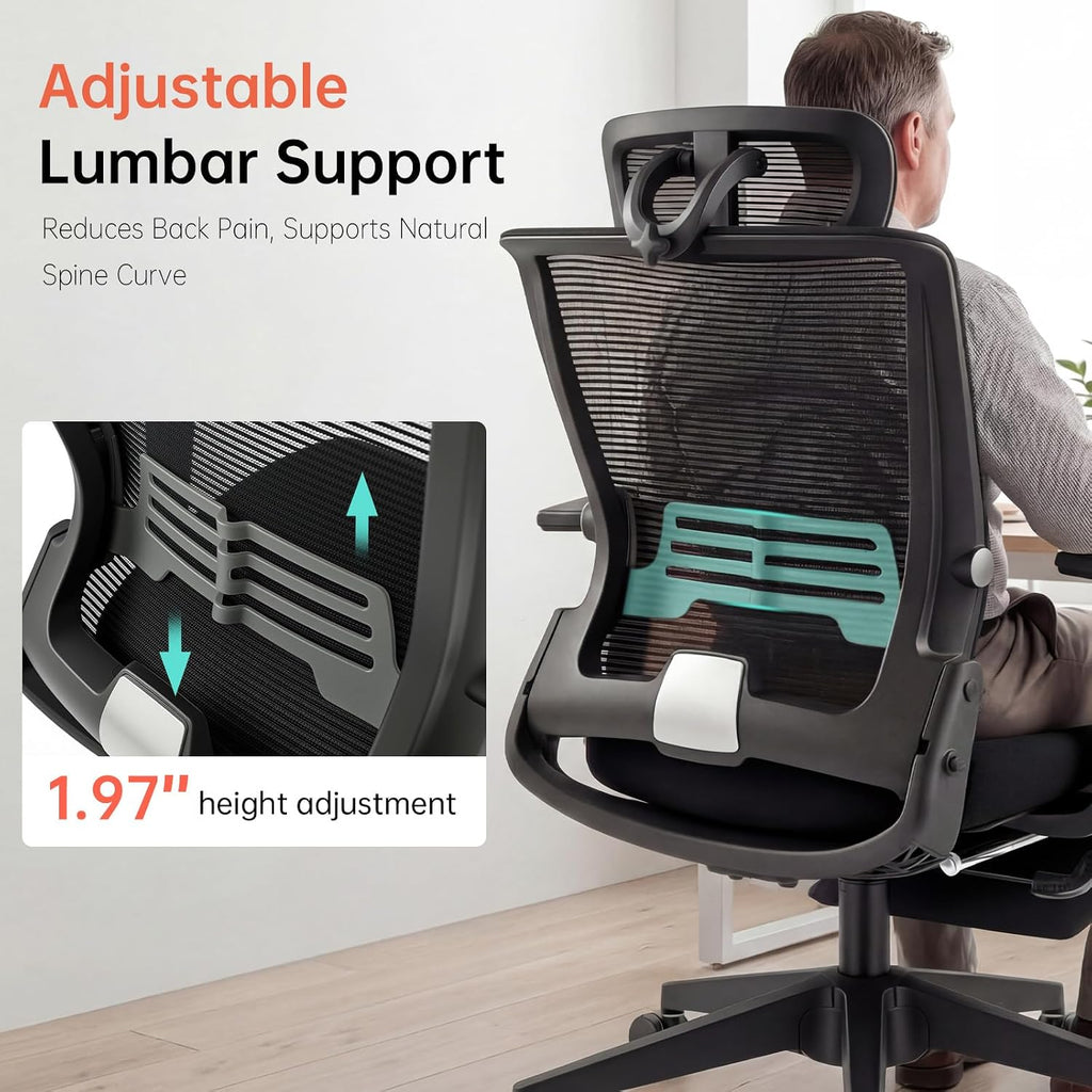 Foldable Office Chair with Foot Rest, Ergonomic Office Chair with Adjustable Lumbar Support, Headrest, Armrest, Home Office Desk Chairs for Space Saving, Work from Home, Black