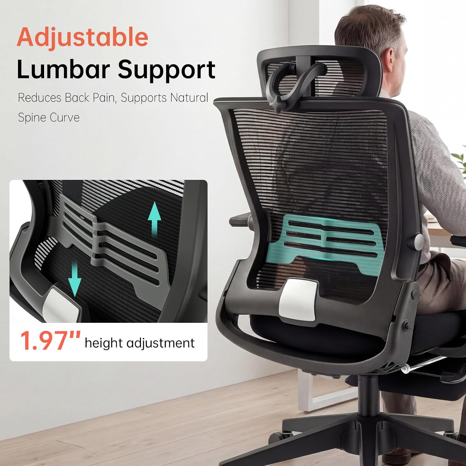 Foldable Office Chair with Foot Rest, Ergonomic Office Chair with Adjustable Lumbar Support, Headrest, Armrest, Home Office Desk Chairs for Space Saving, Work from Home, Black