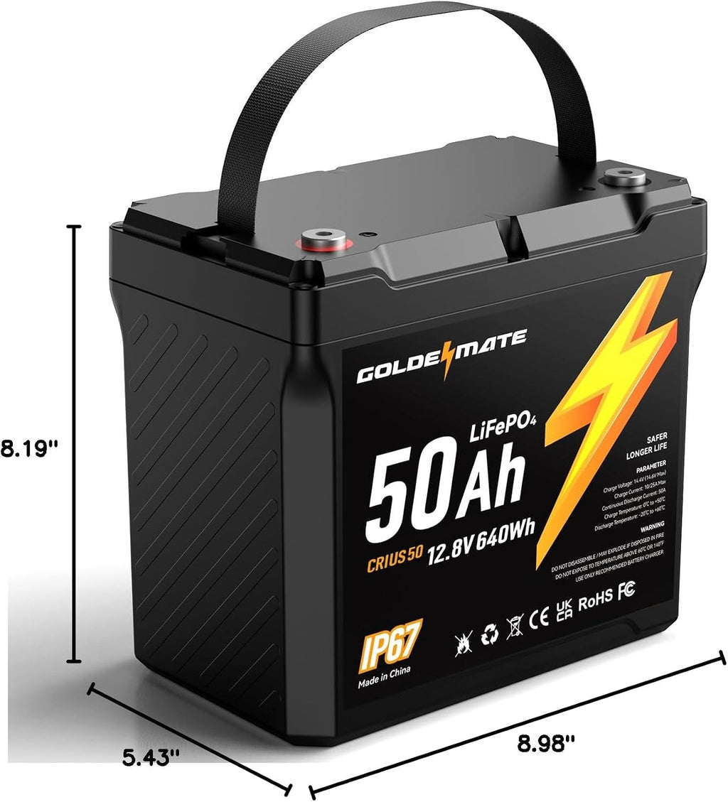 GOLDENMATE 12V 50Ah LiFePO4 Battery, IP67 Waterproof, 5000+ Deep Cycles, Built-in BMS & Grade A Lithium Iron Phosphate Battery Cell, Ideal for RV, Camping, Solar, Marine, Trolling Motor, Off-grid Sets