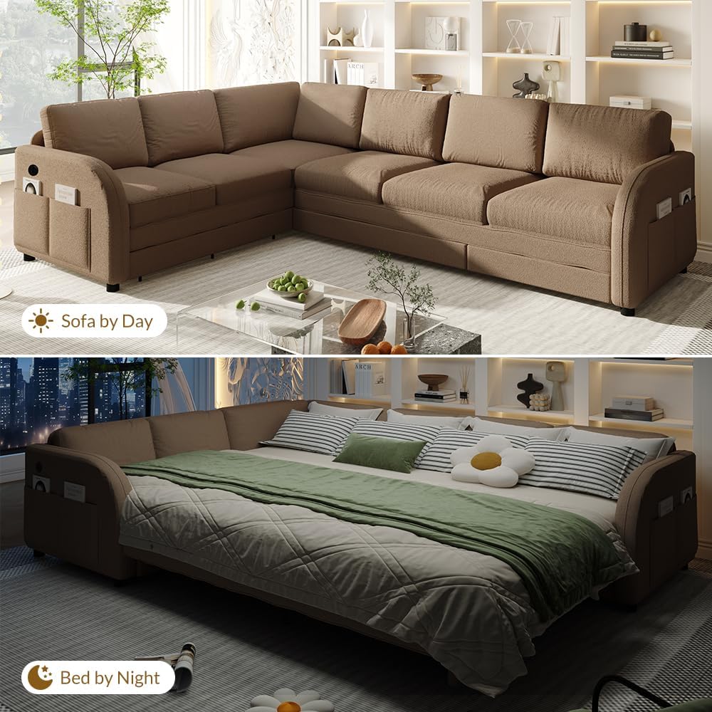 115.2'' Pull Out Couch Bed King Size, Convertible Sleeper Sofa, Oversized 6-Seater L-Shaped Couches with Side Pockets, USB, Teddy Reversible Sectional Sofa for Living Room, Apartment, Brown