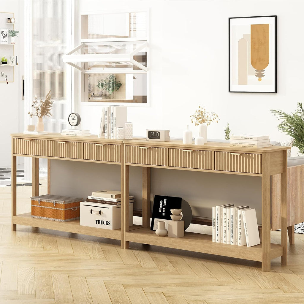 HOKYHOKY Fluted Console Table with Drawers, Modern 47.1' Entryway Table with Storage Shelf, Boho Narrow Skinny Behind Couch Wood Sofa Table for Living Room Hallway Entrance Foyer, Natural