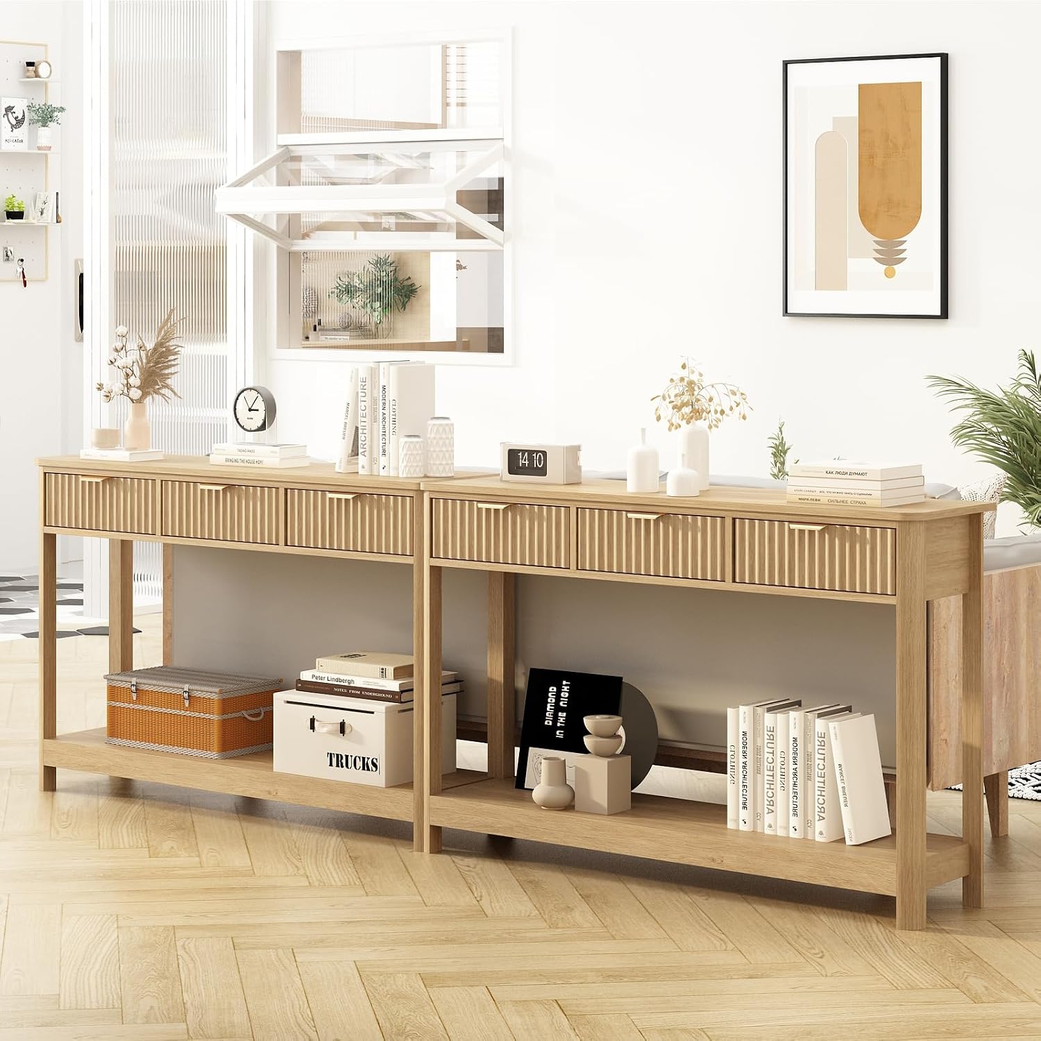 HOKYHOKY Set of 2 Console Table with Drawers, Modern 47.1' Entryway Table with Storage Shelf, Boho Narrow Skinny Behind Couch Wood Sofa Table for Living Room Hallway Entrance Foyer,Natural
