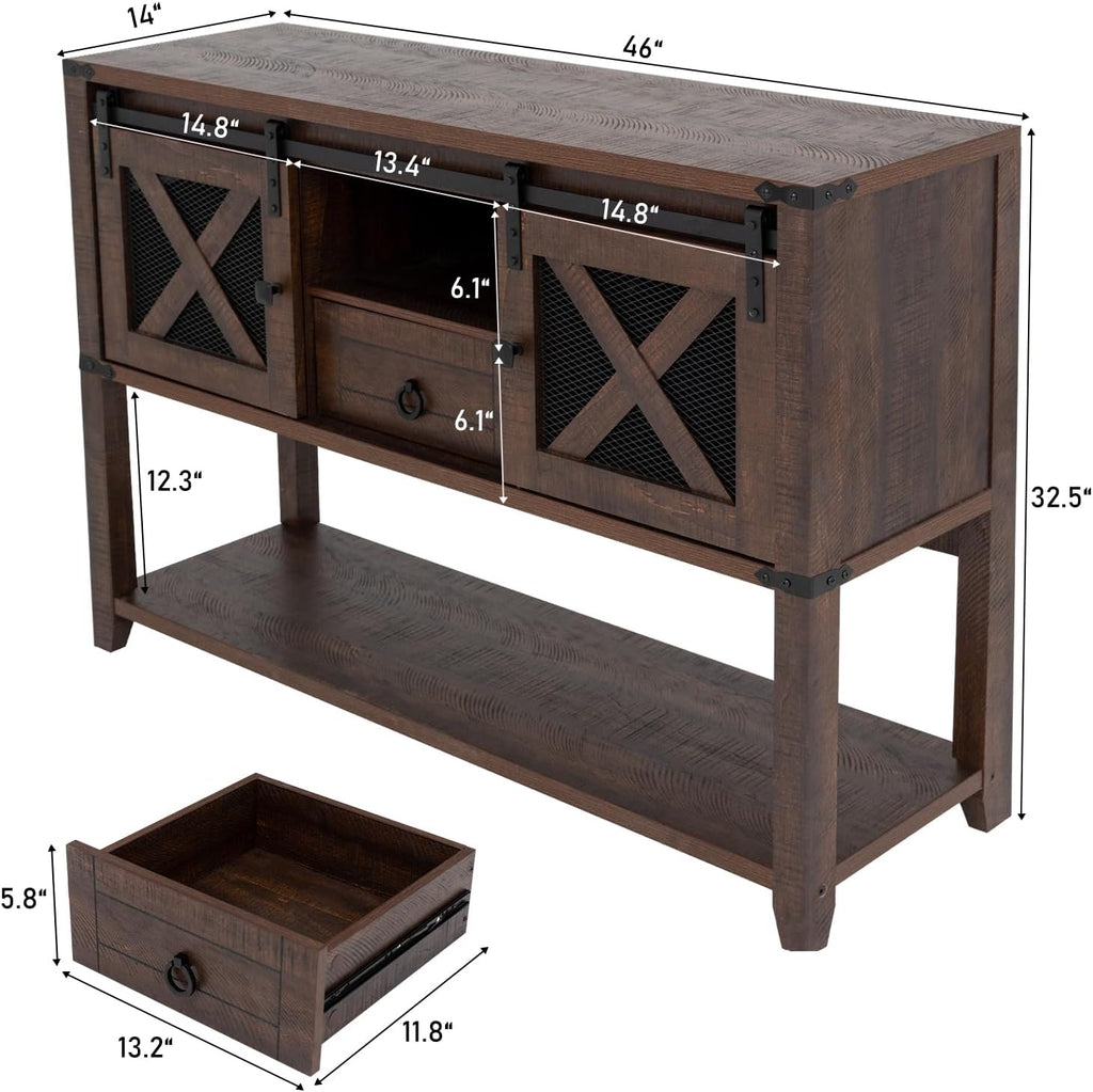 Hlivelood Farmhouse Entryway Table with 2 Sliding Barn Doors & Drawer, 46'' Rustic Console Table with Storage, Open Shelf Space, Industrial Sofa Table for Living Room, Entryway, Hallway, Brown