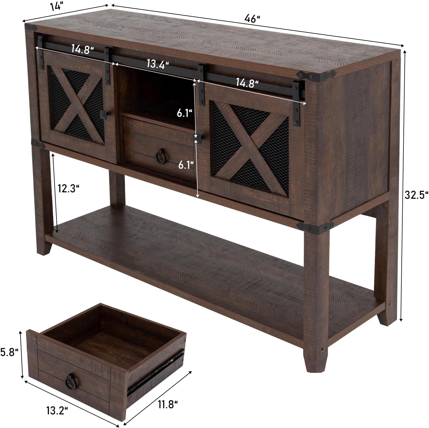 Hlivelood Farmhouse Entryway Table with 2 Sliding Barn Doors & Drawer, 46'' Rustic Console Table with Storage, Open Shelf Space, Industrial Sofa Table for Living Room, Entryway, Hallway, Brown