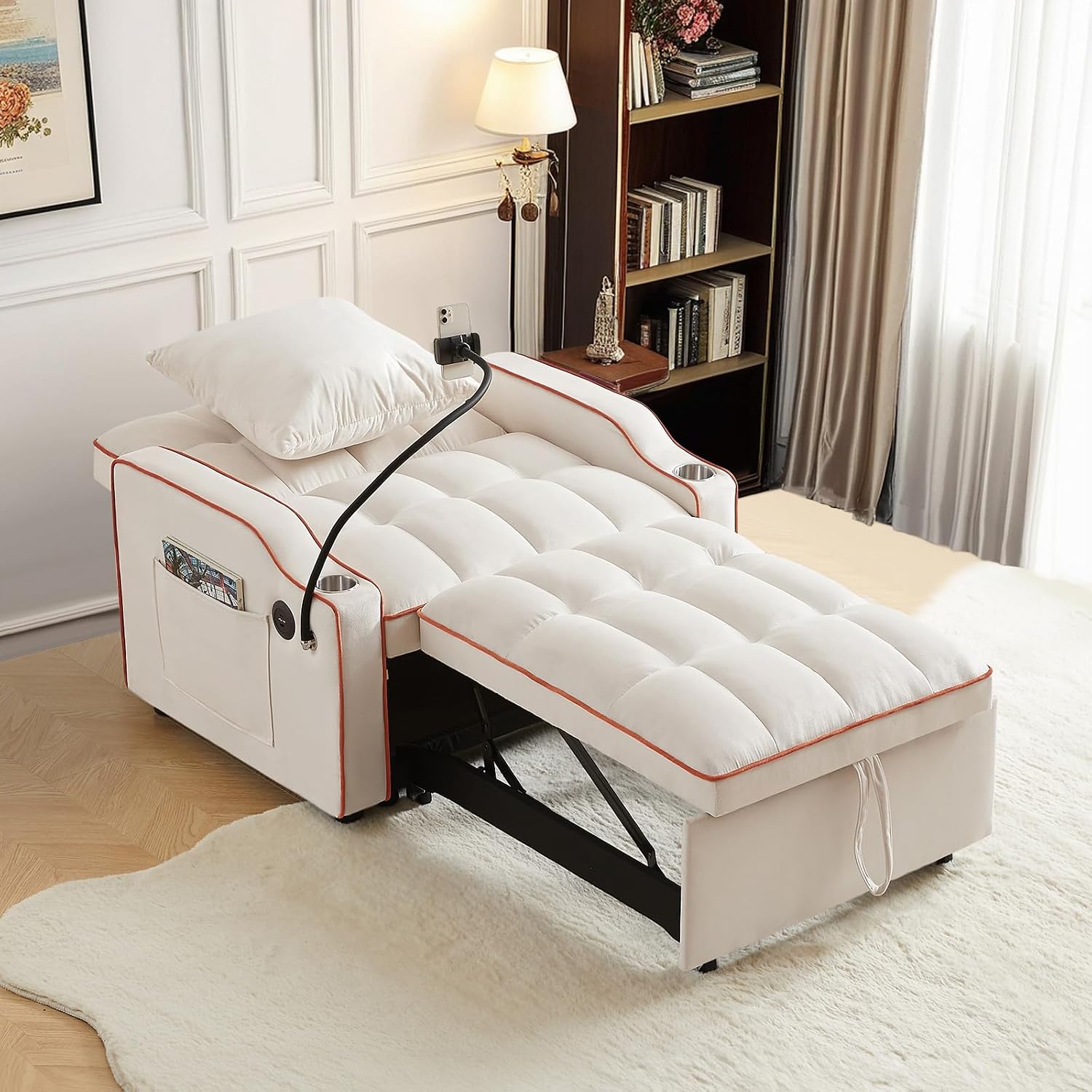 Antetek Sleeper Sofa Chair Bed with Charging Ports & Phone Holder & Cup Holder, Modern Velvet 3 in 1 Convertible Pull Out Single Sofa Chair Bed for Small Spaces Apartment, Beige