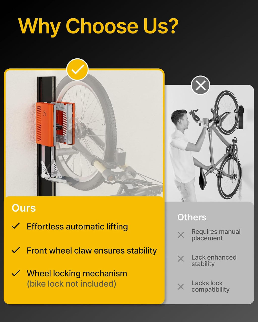 monTEK Automatic Lift Bike Rack – Fits 24-29' Tires, Heavy-Duty Vertical Wall Rack for Bicycles (Up to 71 lbs) - Effortless Lifting, Easy Install - Space-Saving Storage for Garage, Shed, BO