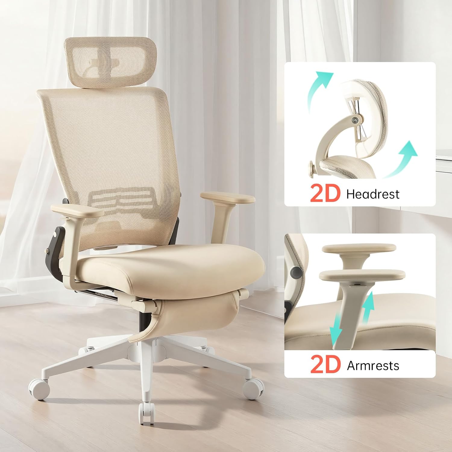Foldable Office Chair with Foot Rest, Ergonomic Office Chair with Adjustable Lumbar Support, Headrest, Armrest, Home Office Desk Chair for Space Saving, Work from Home, Cream
