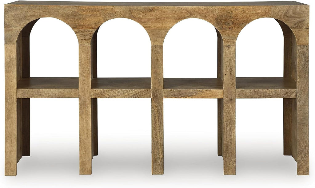 Signature Design by Ashley Luzmanacy Casual Solid Mango Wood Console Sofa Table with Shelf, Light Brown