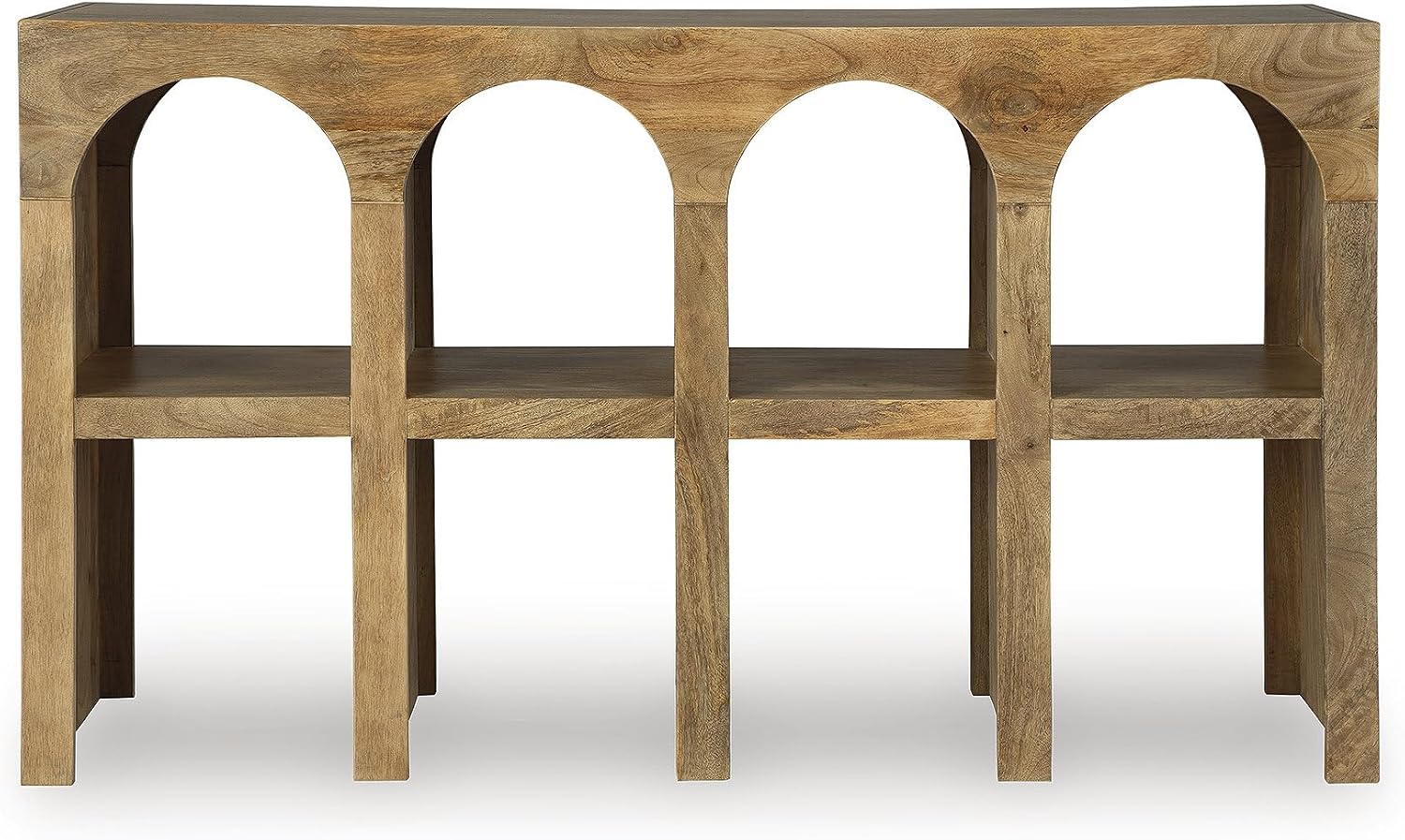 Signature Design by Ashley Luzmanacy Casual Solid Mango Wood Console Sofa Table with Shelf, Light Brown