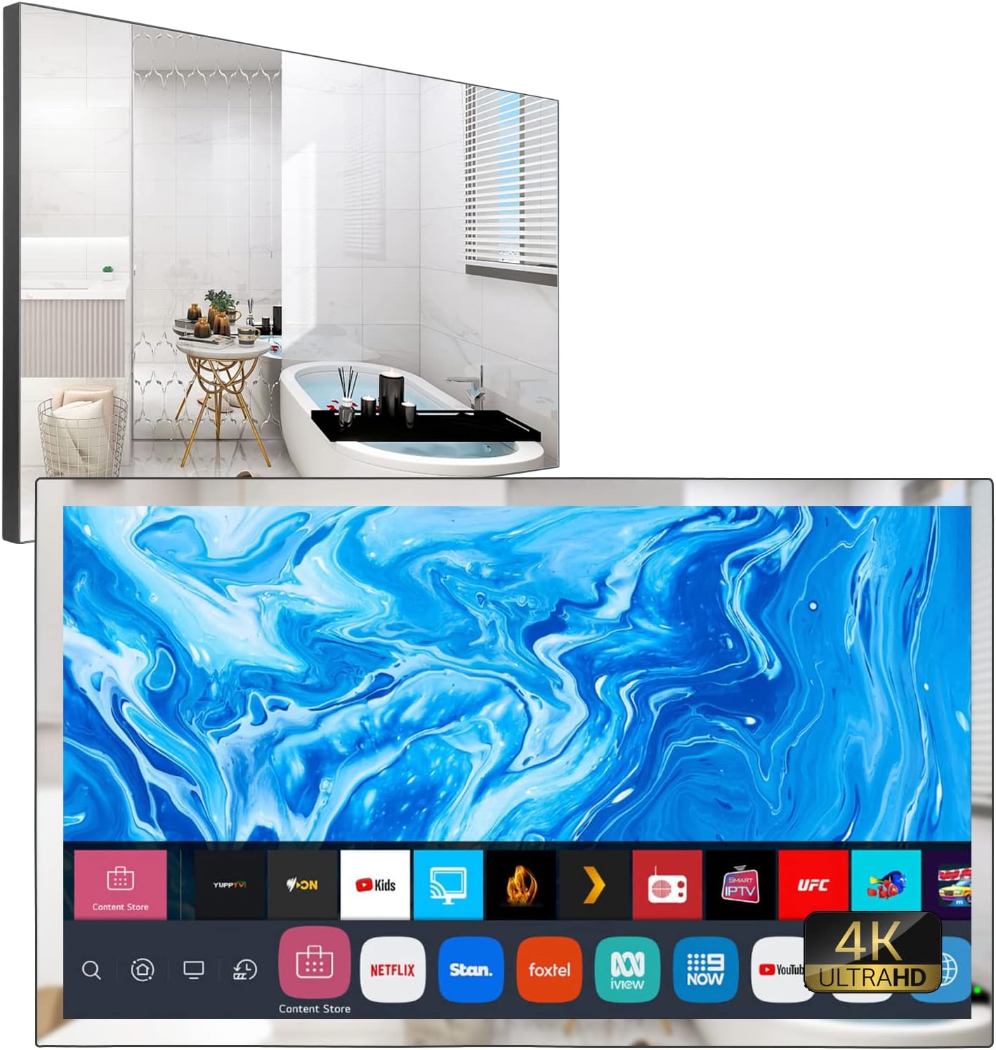 Soulaca 28 inches Smart Magic Mirror TV 4K UHD LED Display with Vanishing Screen IP65 Waterproof Bathroom ATSC Television for SPA, Hotel & Luxury Home Décor
