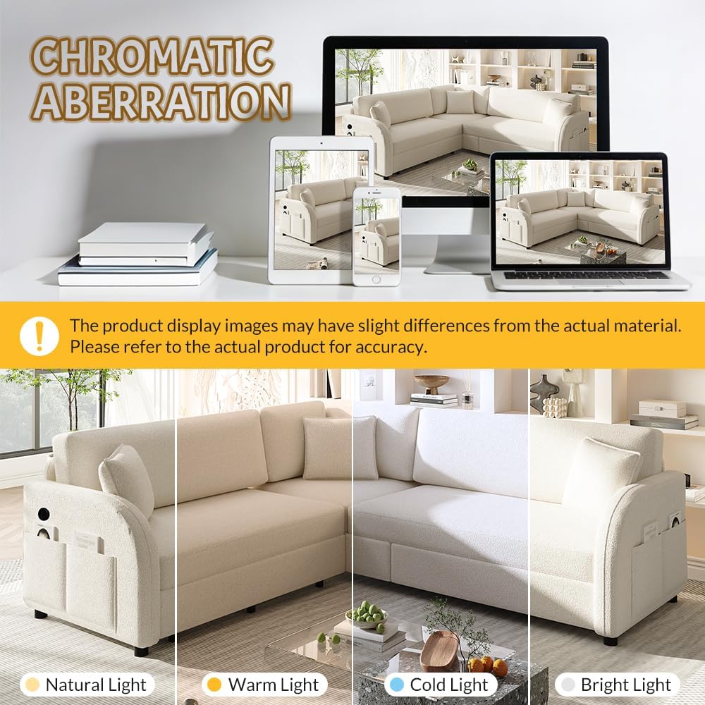 85.1'' Pull Out Couch Bed King Size, Convertible Sleeper Sofa, Upholstered 4-Seater L-Shaped Couch with Side Pockets, USB, 3 Pillows, Teddy Sectional Couches for Living Room, Apartment, Beige