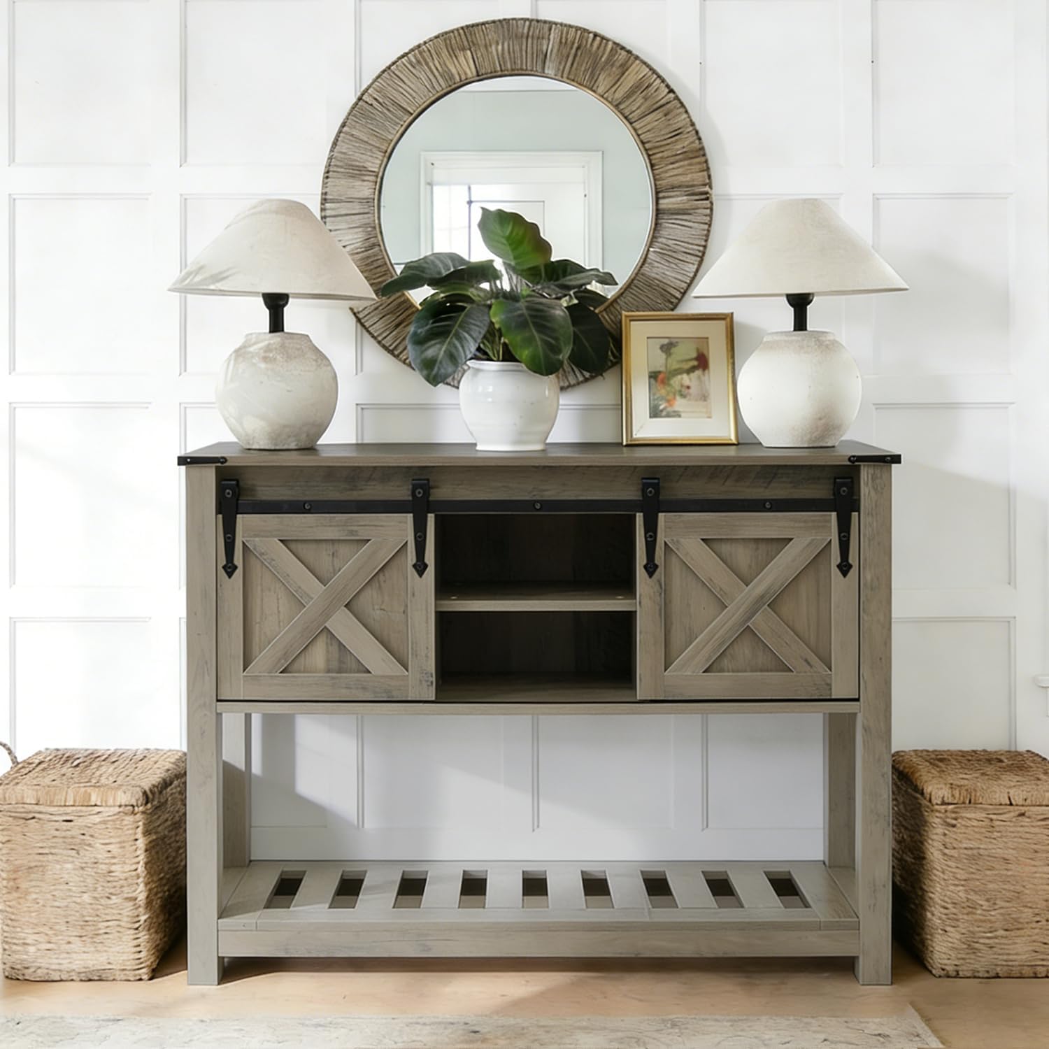 Farmhouse Entryway Table with Sliding Barn Doors, Wood Console Table with Storage Shelf, Rustic Sofa Table for Living Room, Entryway, Foyer, Grey