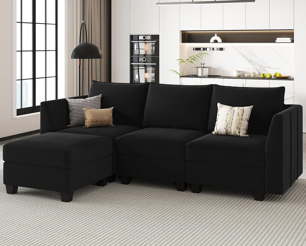 Belffin Convertible Sectional Sofa with Chaise Velvet L Shaped Sofa Couch Modular Sectional Sofa with Storage Black