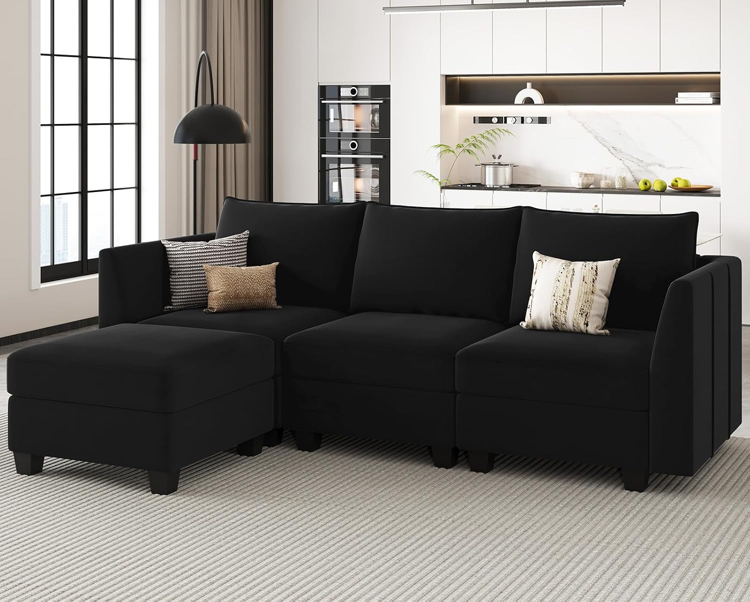 Belffin Convertible Sectional Sofa with Chaise Velvet L Shaped Sofa Couch Modular Sectional Sofa with Storage Black