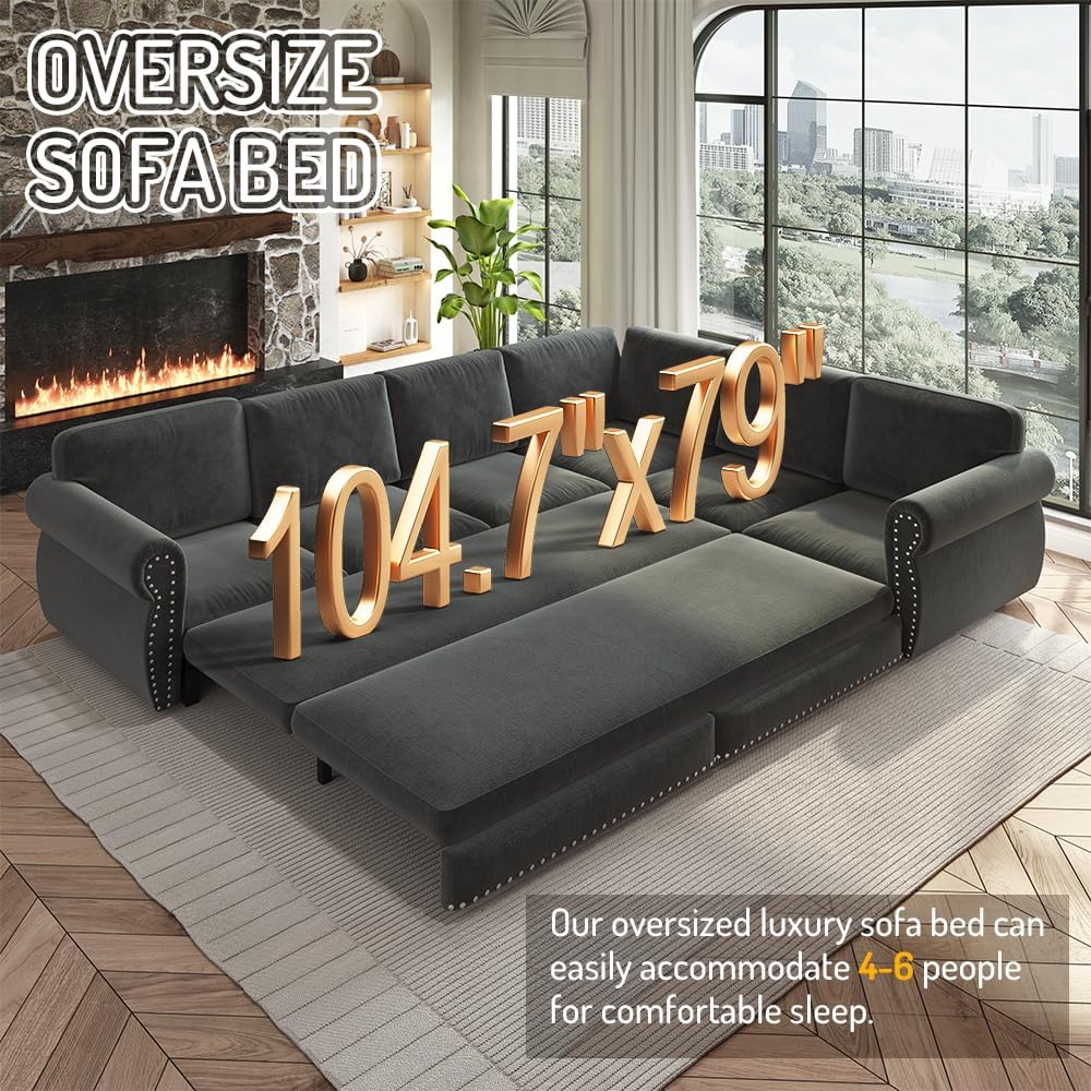 118'' Sleeper Sofa Bed with Pull Out Couch Bed, Chenille L Shaped Sectional Sofa with Nailhead Trim & Rolled Arm, 6 Seater Corner Sectional Couches for Living Room Furniture, Dark Grey