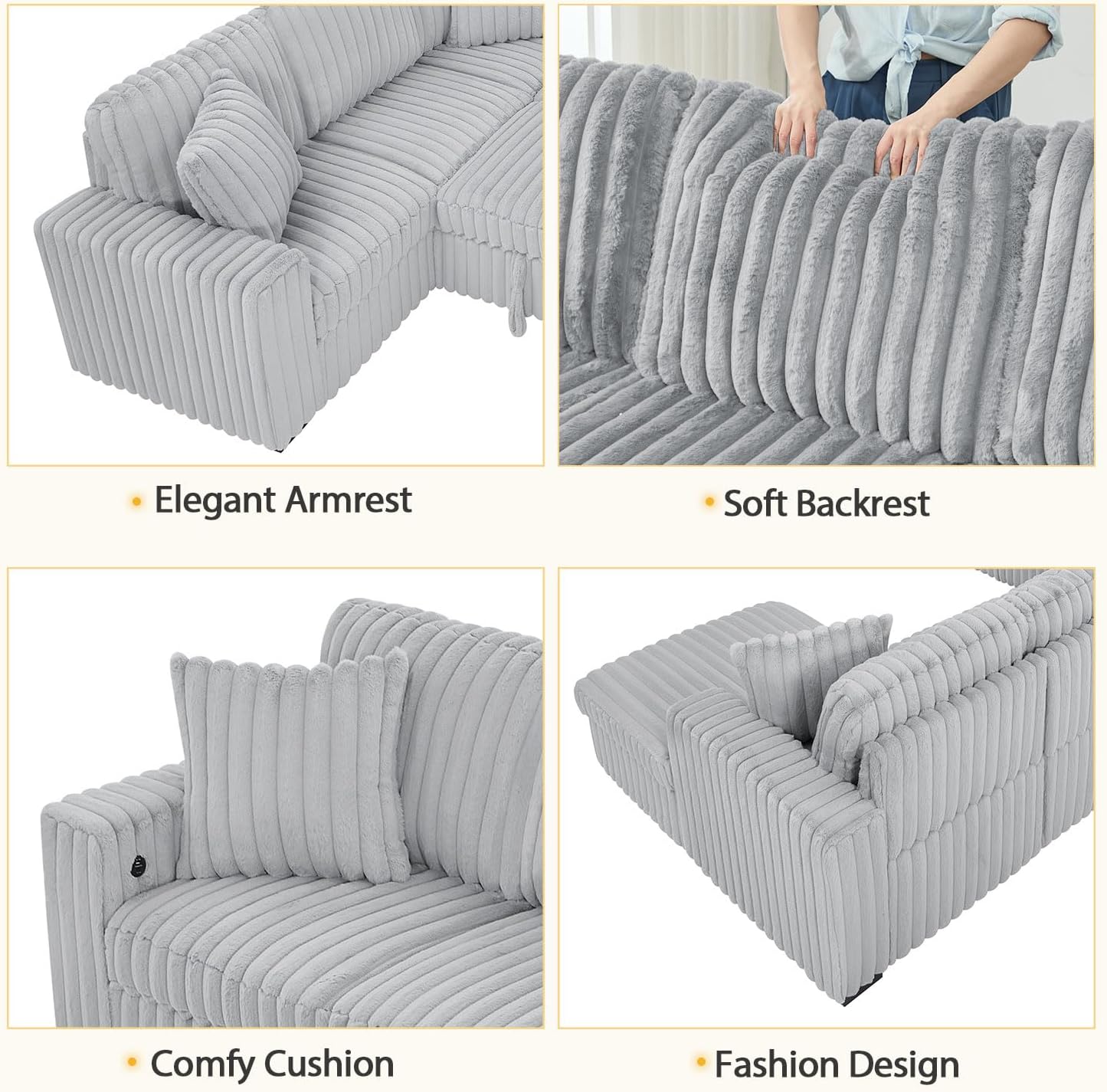 Oversized Sectional Sleeper Sofa with Pull Out Bed,3 Pillows,Type-C USB Port,Storage Chaise Lounge,U-Shaped 7 Seat Fuzzy Rabbit Plush Large Sectional Sofa Bed for Living Room,122 Inch,Grey