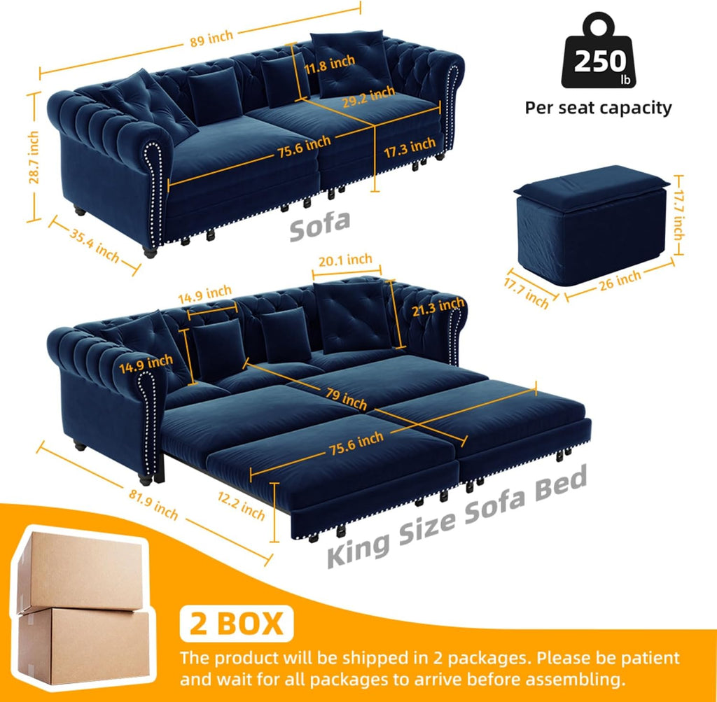 KEIKI King Size Convertible Chesterfield Sofa Bed, 89' Velvet Couch with Ottoman, Tufted Design, 3-in-1 Sleeper Sofa for Living Room, Bedroom, or Office, Blue