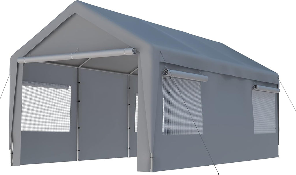 Carport 10x20ft Car Canopy with Transparent Roll-up Windows, Removable Sidewalls & Doors,Portable Garage for Car, Truck, Boat, Car Canopy, Grey