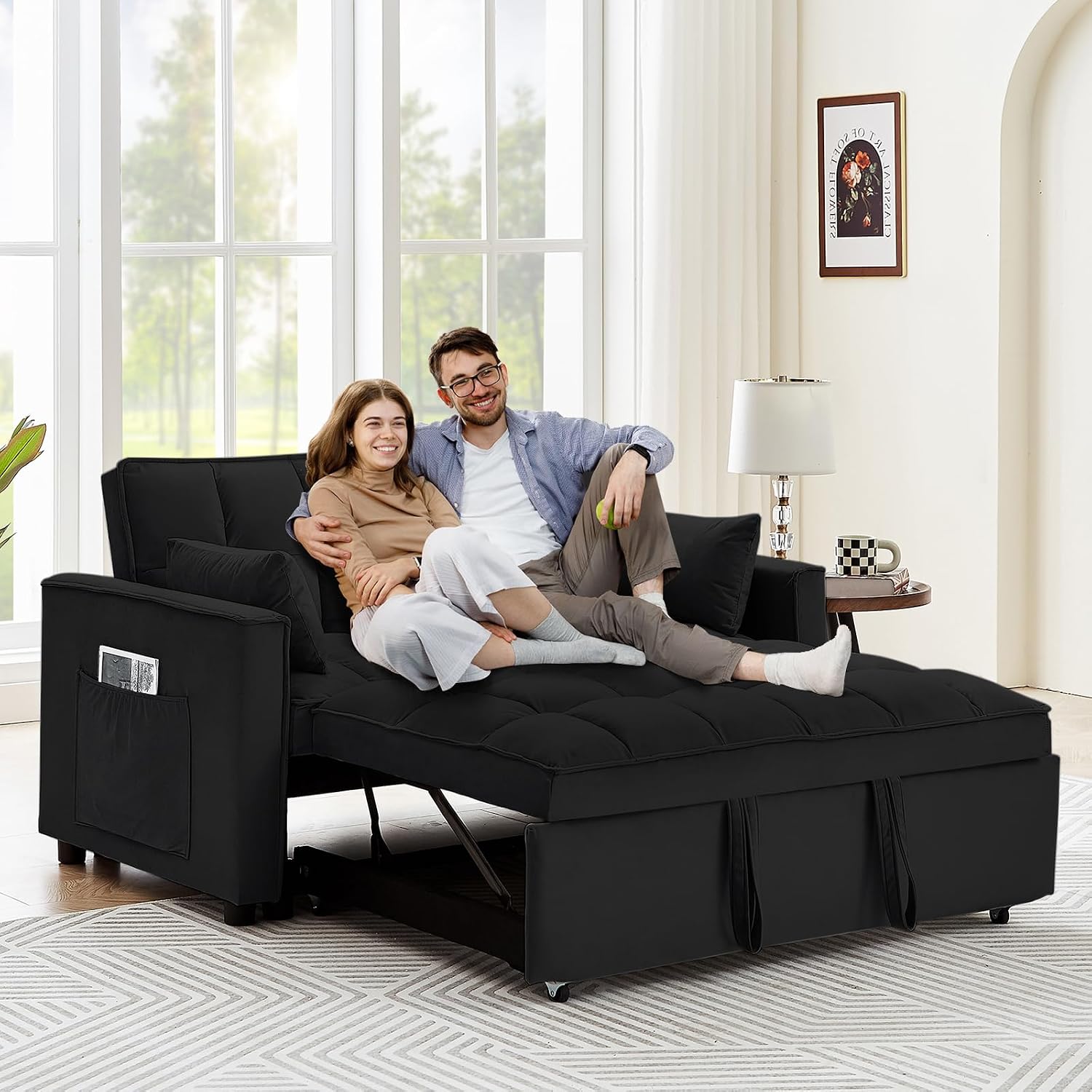 3 in 1 Convertible Sleeper Sofa Bed, 55' Pull Out Couches, Modern Loveseat Sleeper Sofa with Adjustable Reclining Backrest & Side Pockets for Living Room, Velvet Fabric, Classic Black