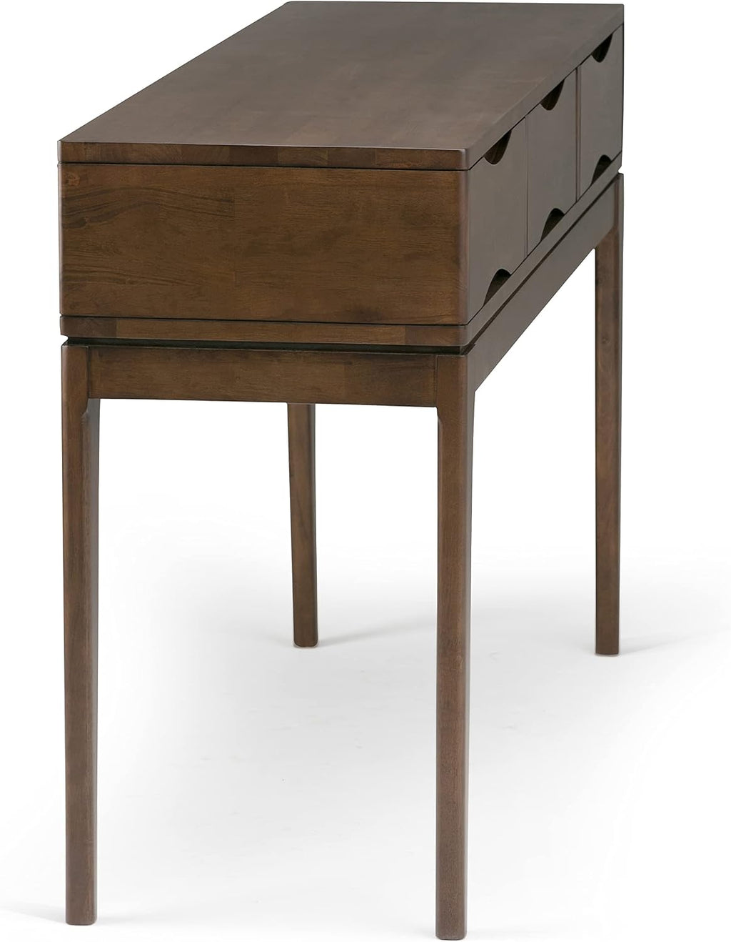 SIMPLIHOME Harper Console Table - 54 Inch Wide Solid Hardwood Sofa Table in Walnut Brown, Mid-Century Modern Storage Table for Entryway or Living Room with 3 Drawers, Notched Handles, and Tapered Legs