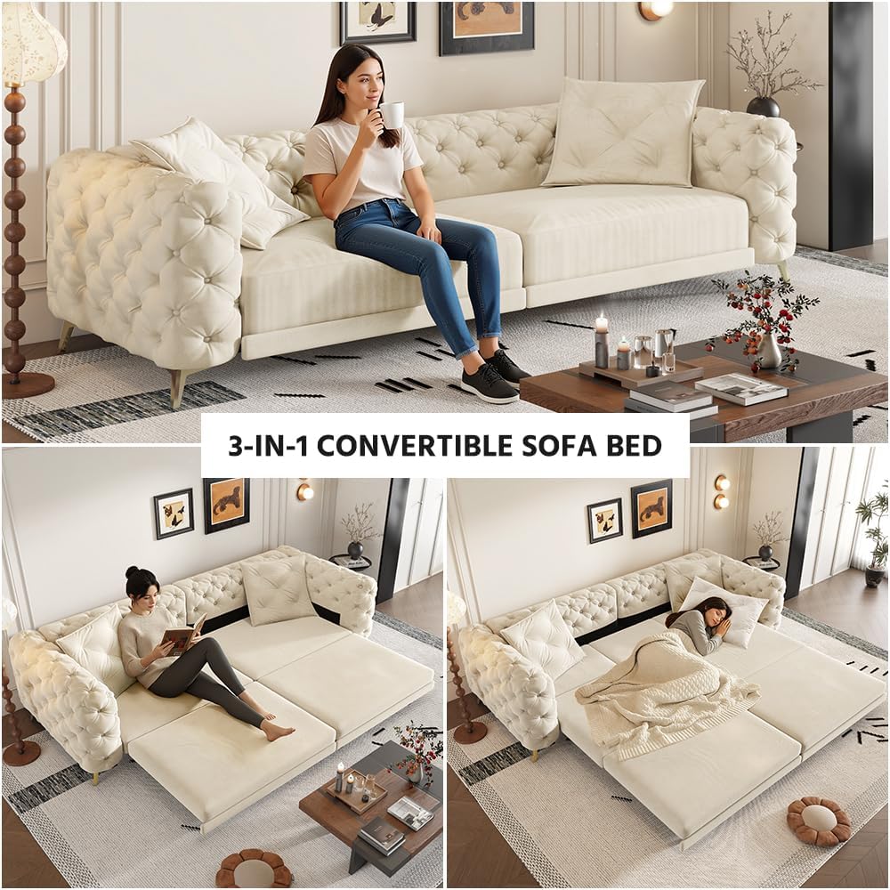 97.7'' Pull Out Sofa Bed King, Chesterfield Velvet Sleeper Sofa, Convertible L-Shaped Futon Couch, Tufted Back, 2 Pillows, Ottoman, Deep Seat Loveseat Couches for Living Room, Apartment, Beige