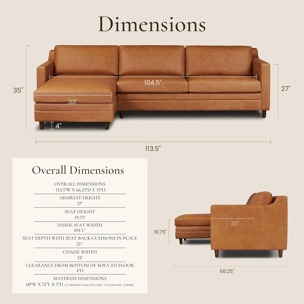 Poly & BARK Harper Left-Facing Leather Sleeper Sectional Sofa Cognac Tan– Full-Grain Aniline Leather, Sculptural Silhouette, Walnut-Finished Legs – Modern Statement Sofa for Living Spaces
