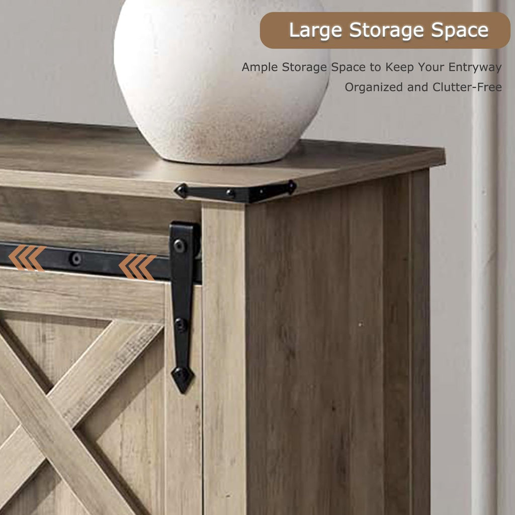 Farmhouse Entryway Table with Sliding Barn Doors, Wood Console Table with Storage Shelf, Rustic Sofa Table for Living Room, Entryway, Foyer, Grey