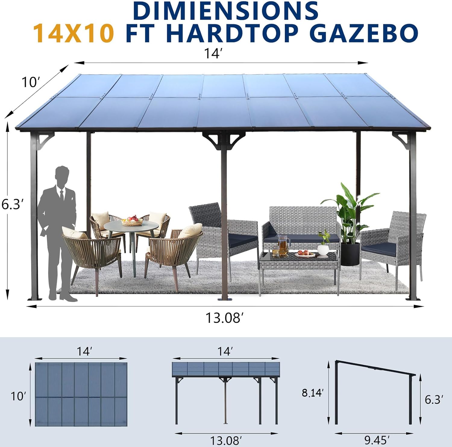 10' x 14' Outdoor Pergola Gazebo, Wall-Mounted Lean to Metal Awning Gazebo with Roof, Large Heavy Duty Garage Top Tent for Patio, Decks, Backyard