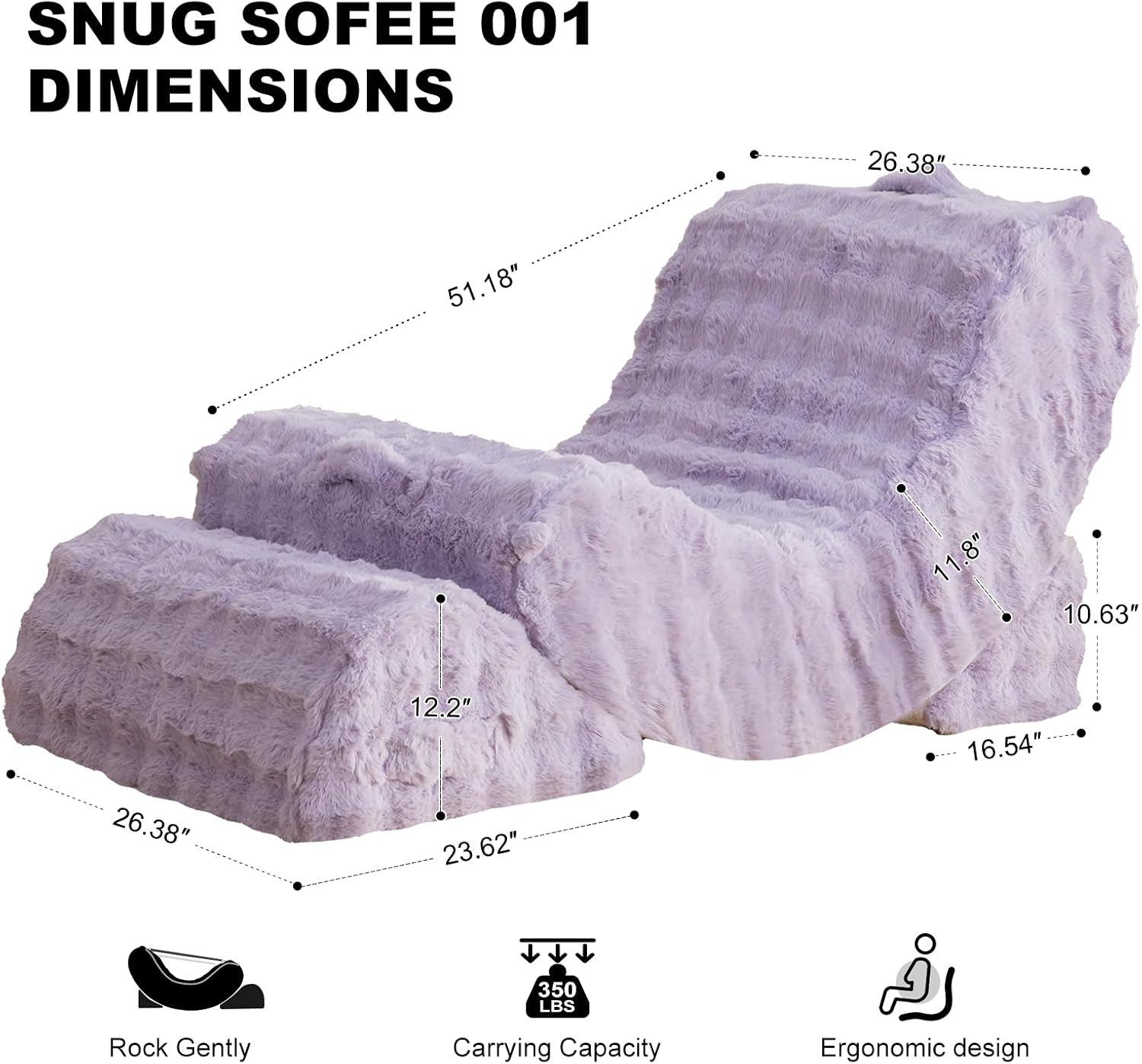 3-in-1 Adjustable Zero Gravity Floor Chair, Oversized Faux Fur Boneless Chair for Adults with Memory Foam & Washable Cover, Silent Rocker Recliner Lounge Chair for Reading, Nursing, Gaming, Purple