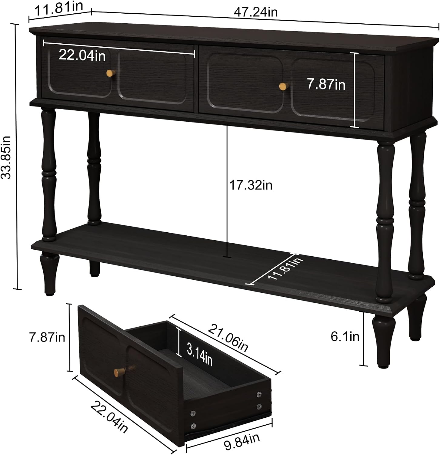 ARTPOWER Console Table with Drawers for Entryway, Mid-Century Entryway Table with Storage, Black Narrow Entryway Table with Open Shelf Behind Sofa for Living Room, Foyer, Hallway