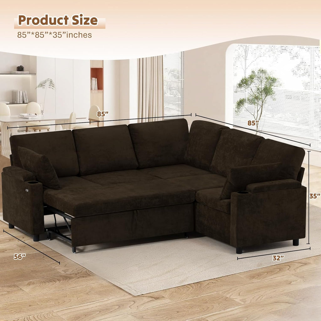 85' Chenille Reversible Sectional Sofa w/Pull-Out Bed, Upholstery L-Shaped Couch w/Storage Armrests & Cup Holders, Modern Corner Sofa w/USB Charging Port & Throw Pillow for Living Room, Brown