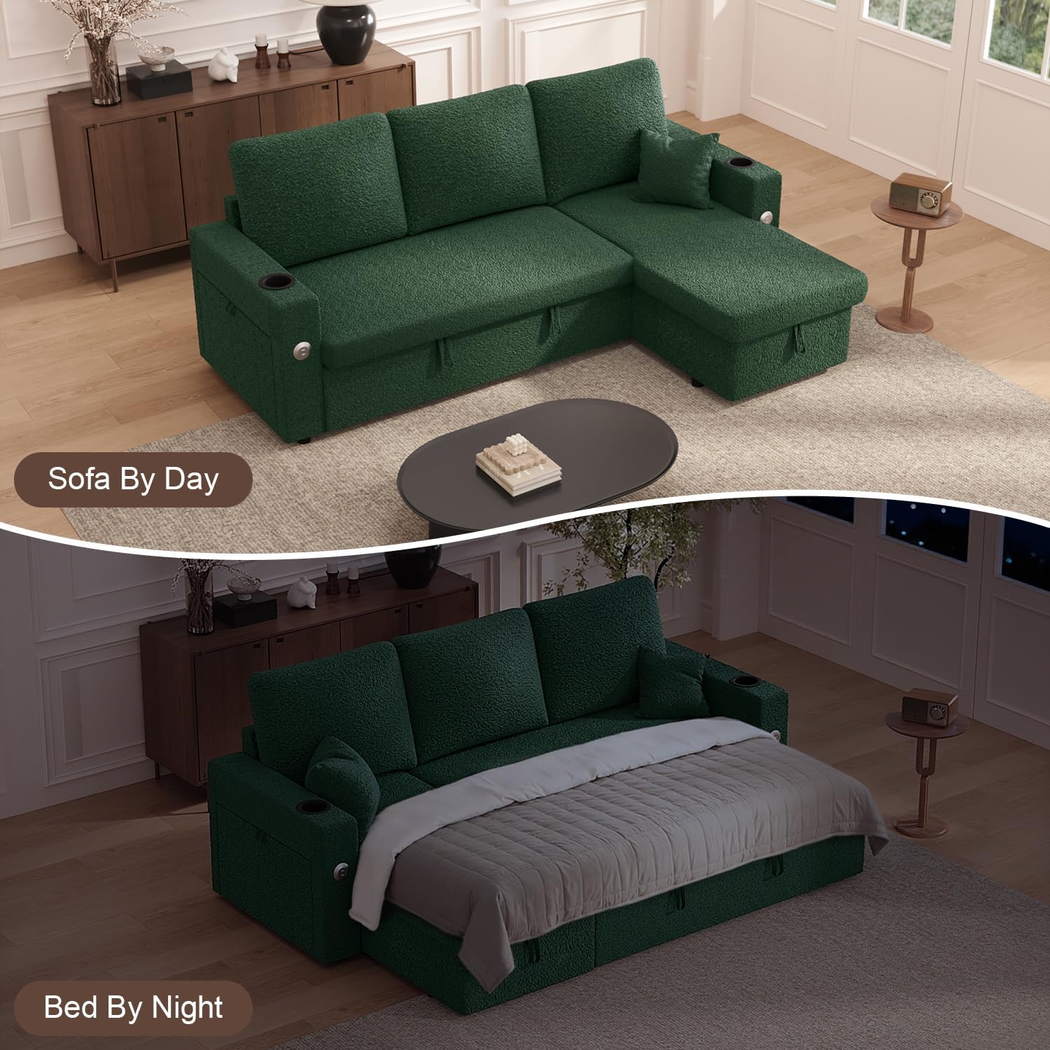 KCGKCG Sleeper Sofa Bed, 4-in-1 Pull Out Couch with Reversible Chaise | Dual USB & Type-C Charging | Dual Cup Holders | Layered Storage (Armrest + Chaise) for Living Room (Classic Green)