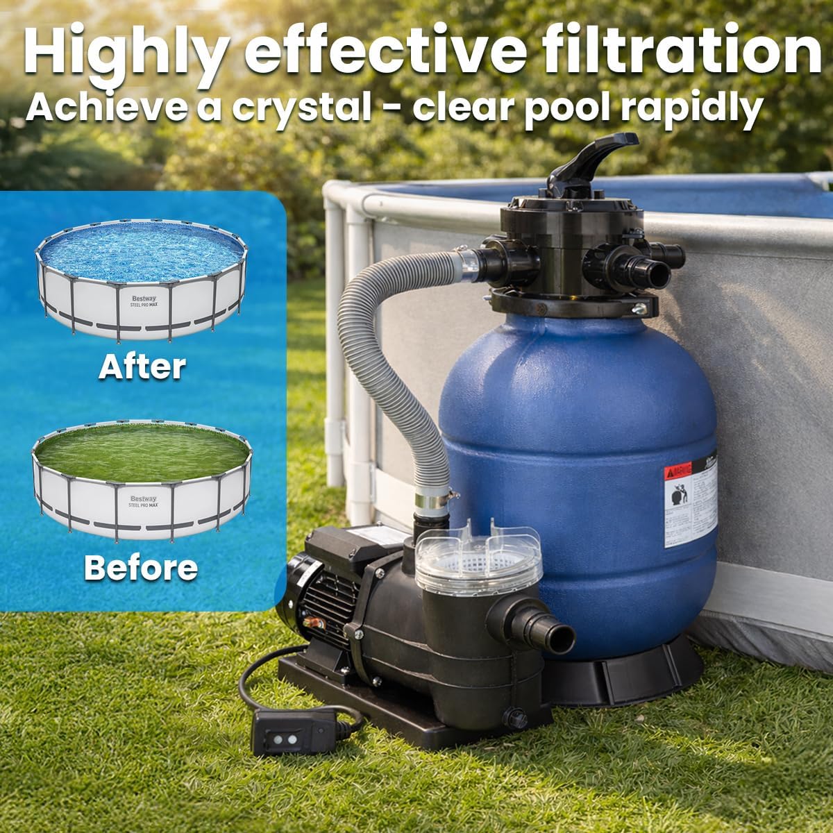 XtremepowerUS 13' Sand Filter Pool Pump 3/4HP, 2,400 GPH, GFCI Timer Plug Included, Multi-Port Valve, Above Ground Swimming Pool Set, Up to 10,000 Gallons, 1-1/4' NPT