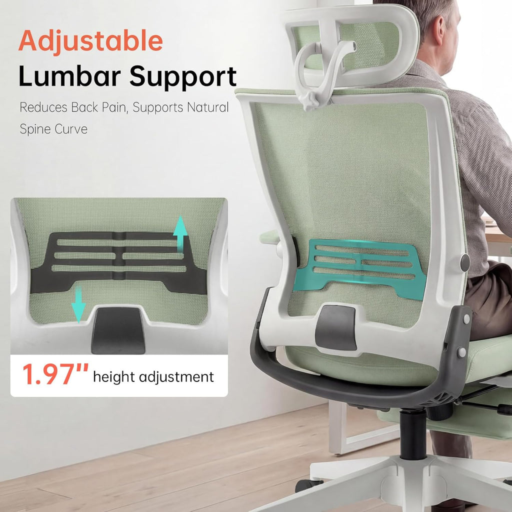 Foldable Office Chair with Foot Rest, Ergonomic Office Chair with Adjustable Lumbar Support, Headrest, Armrest, Home Office Desk Chair for Space Saving, Work from Home, Green