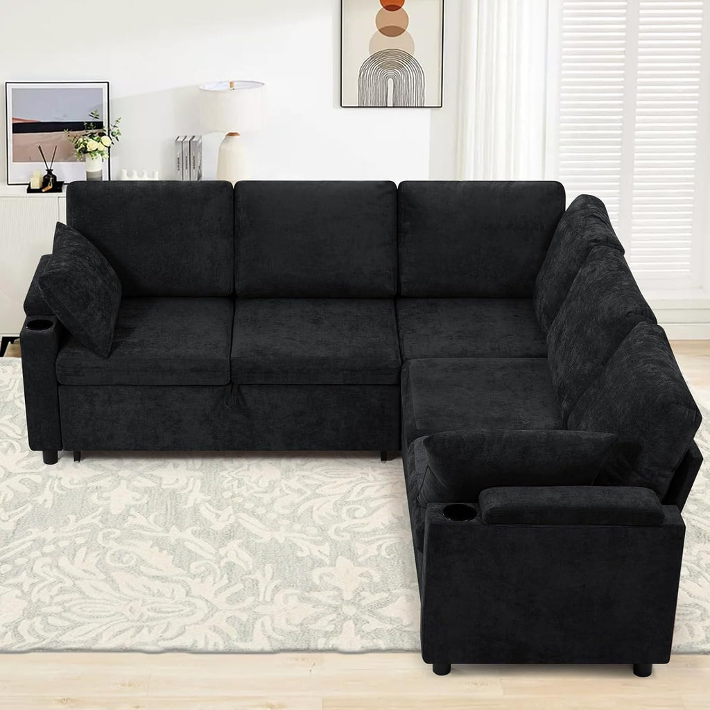 85' Chenille Reversible Sectional Sofa w/Pull Out Bed, Upholstery L Shaped Couch w/Storage Armrests & Cup Holders, Modern Corner Sofa w/USB Charging Port & Throw Pillow for Living Room, Black