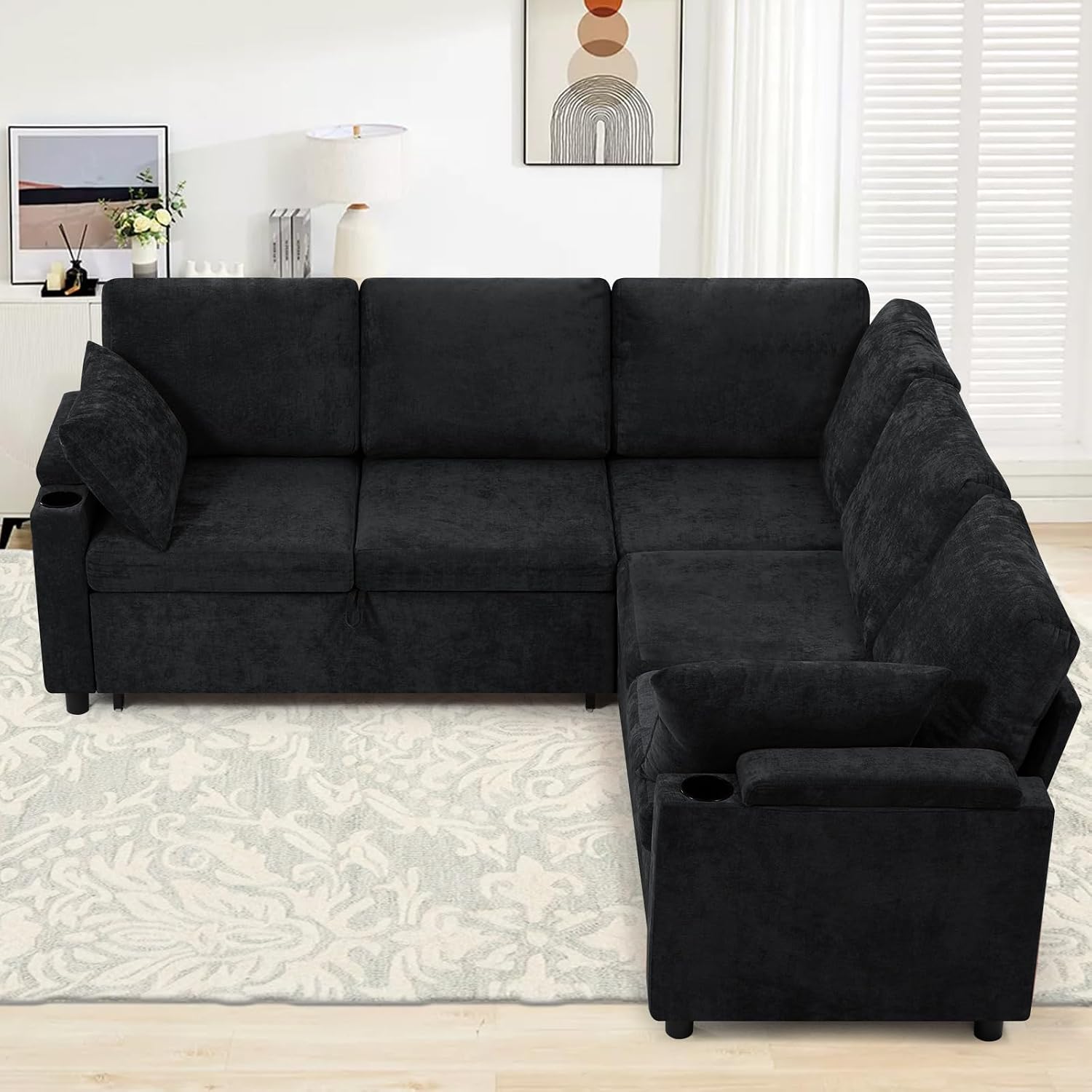 85' Chenille Reversible Sectional Sofa w/Pull Out Bed, Upholstery L Shaped Couch w/Storage Armrests & Cup Holders, Modern Corner Sofa w/USB Charging Port & Throw Pillow for Living Room, Black