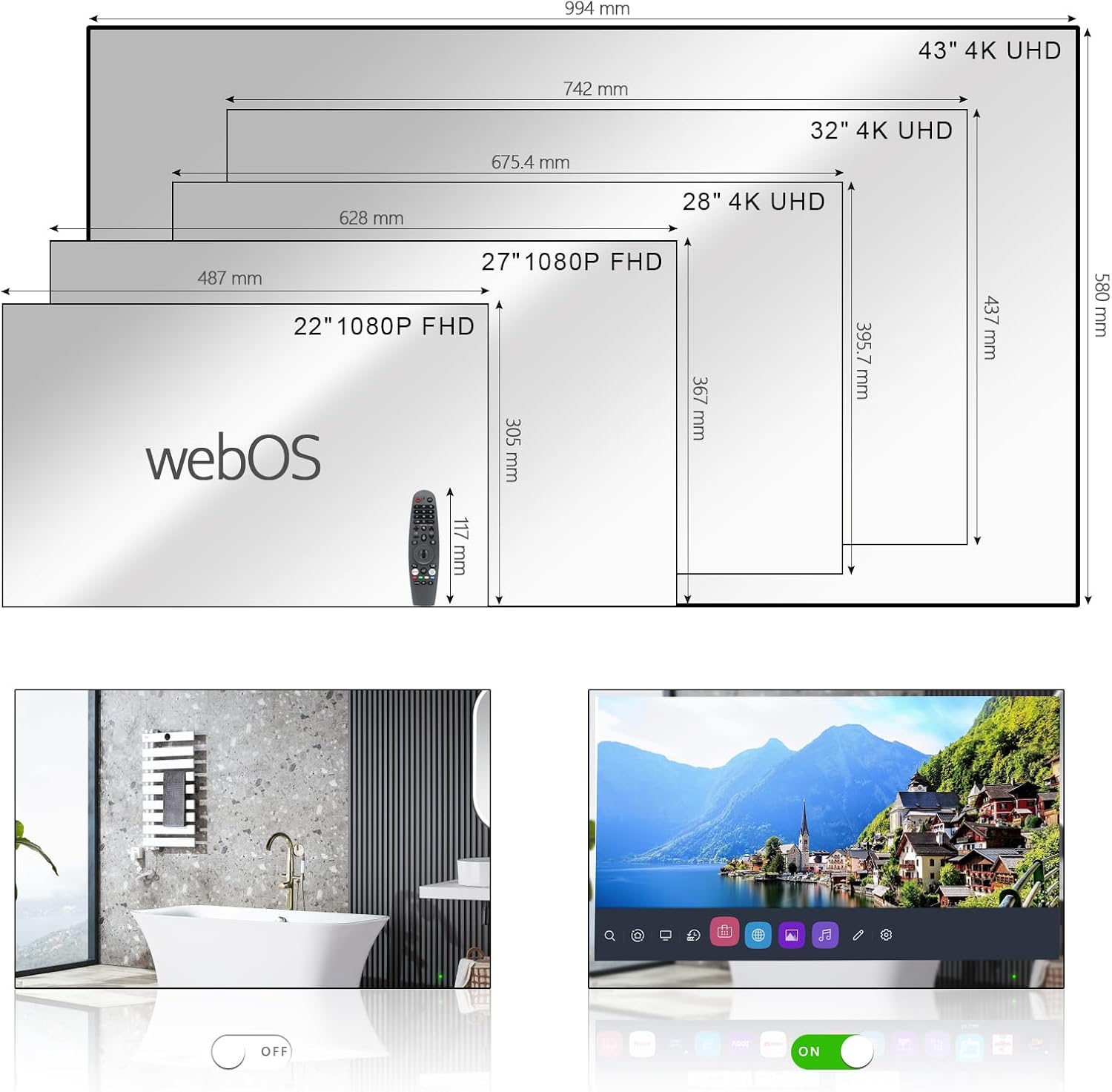 28inch 4K UHD Smart TV for Bathroom,Mirror Panel, IP65 Waterproof,Built-in Speakers, WiFi, Bluetooth,webOS System, Model 2026