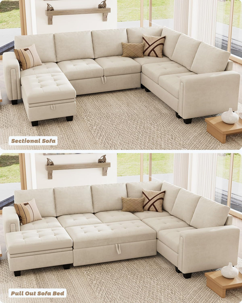 Belffin Modular Sectional Sleeper Sofa with Pull Out Bed U Shaped Sectional Sofa Couch with Storage Ottoman Velvet Covertible 7-Seater Sofa for Living Room Beige