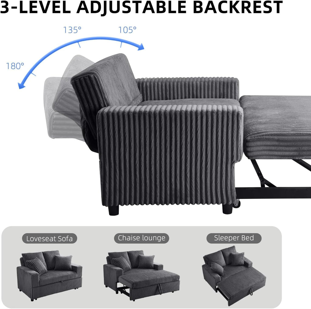 3 in 1 Convertible Sofa Bed，52.8' Pull Out Couch with Side Pockets，Modern Corduroy Fabric Loveseat Sleeper Sofa with Adjustable Backrest for Living Room Bedroom Apartment (Gray Corduroy)