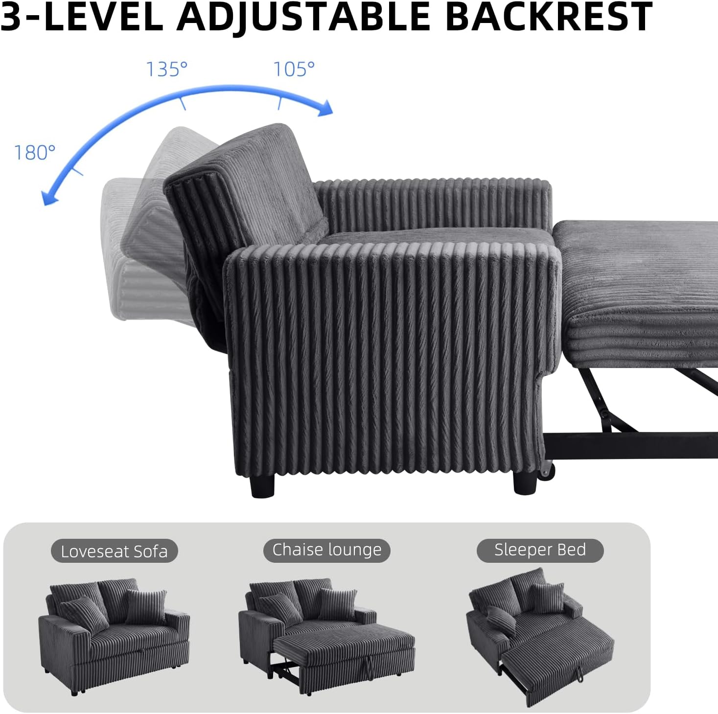 3 in 1 Convertible Sofa Bed，52.8' Pull Out Couch with Side Pockets，Modern Corduroy Fabric Loveseat Sleeper Sofa with Adjustable Backrest for Living Room Bedroom Apartment (Gray Corduroy)