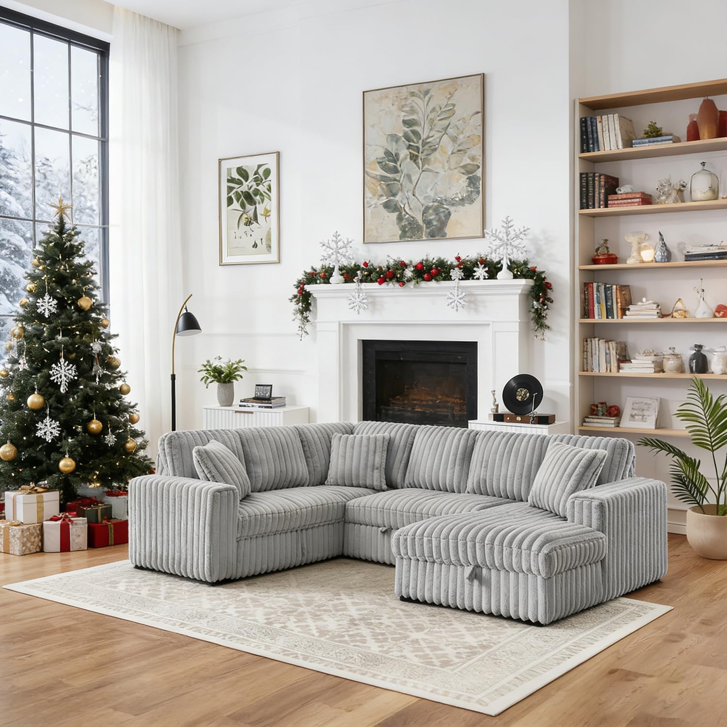 122 Inch Oversized U-Shaped Corduroy Sectional Sleeper Sofa with Pull Out Bed, Fluffy Plush Convertible Couch Bed with Storage Chaise for Living Room, Grey